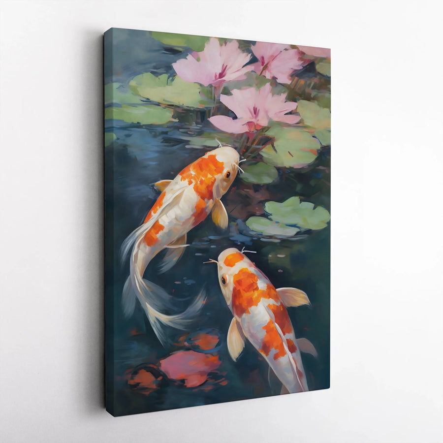 Koi Fish Canvas Wall Art | Zen Pond Painting with Pink Lotus Flowers | Premium 1.25 Inch Gallery Wrap | Peaceful Nature Home Decor Gift