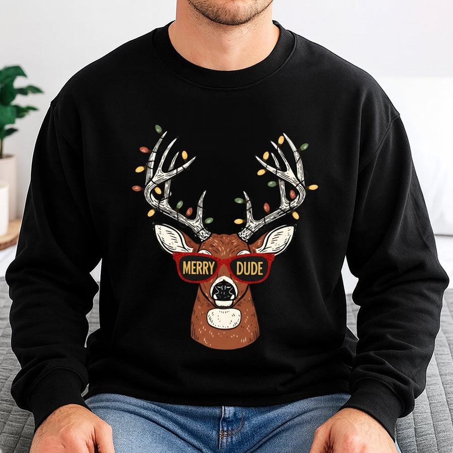 Merry Dude Reindeer Sweatshirt | Funny Christmas Deer Graphic | Premium Cotton Blend Unisex Pullover | Holiday Gift For Hunters And Dads