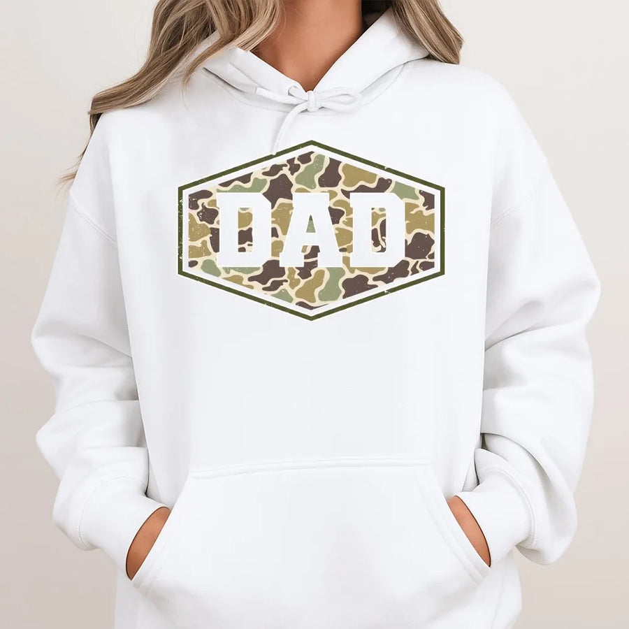 Duck Camo Dad Shirt | Retro Varsity Graphic Tee with Distressed Camouflage | Premium Cotton | Father's Day Gift for Hunter Dad