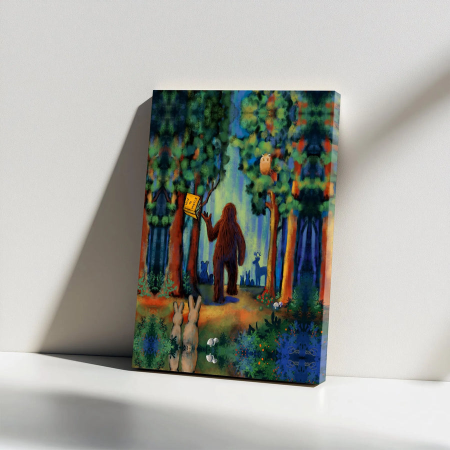 Bigfoot Canvas Wall Art | Funny Sasquatch Finding 'How to Mingle' Book | Premium Gallery Wrapped Print | Unique Introvert Gift & Cabin Decor
