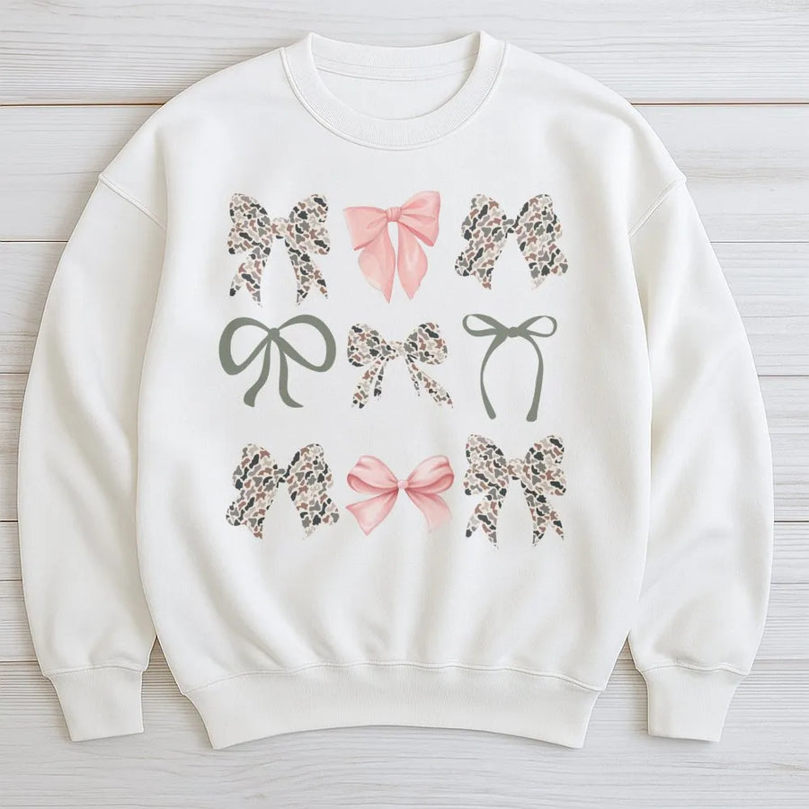 Camo Bow Sweatshirt | Aesthetic Preppy Ribbon Graphic | Premium Cotton Blend Crewneck | Trendy Gift For Her Women Teens