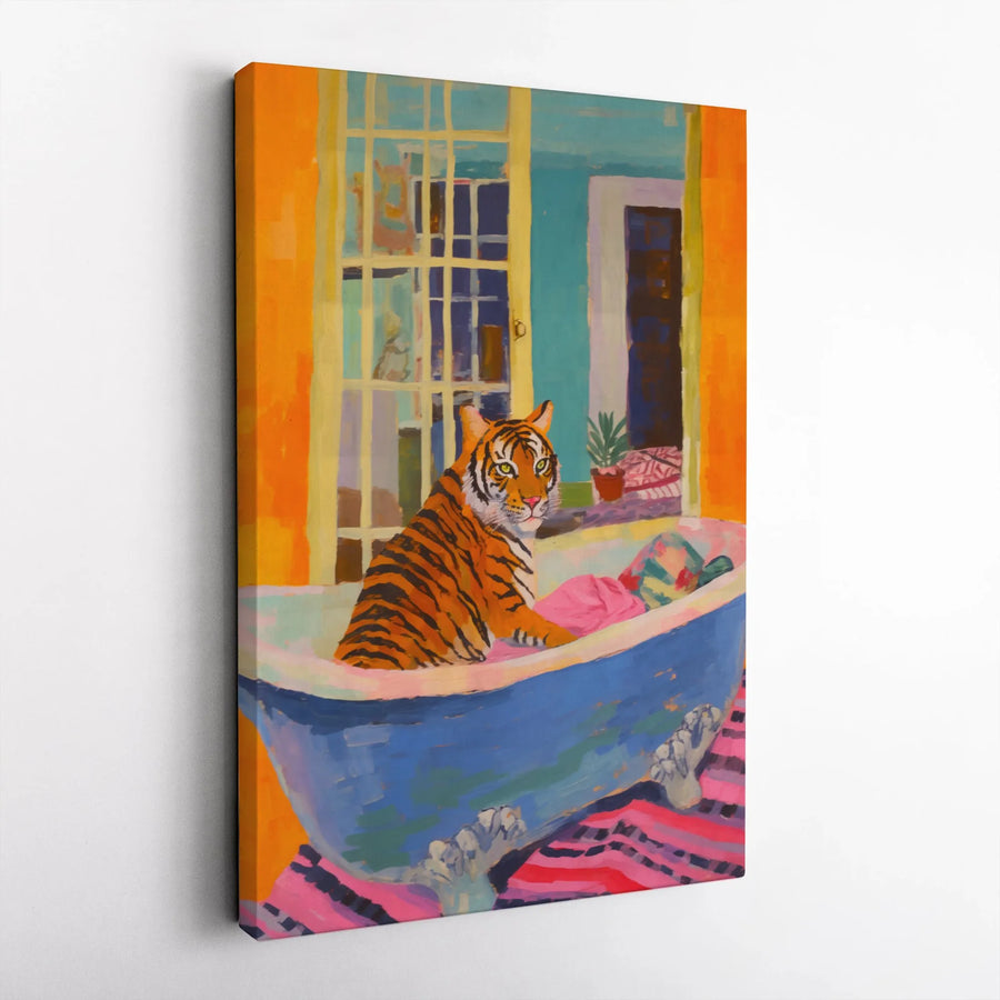 Tiger in Bathtub Canvas Wall Art | Colorful Maximalist Animal Print | Premium 1.25-Inch Gallery Wrap | Whimsical Home Decor Gift
