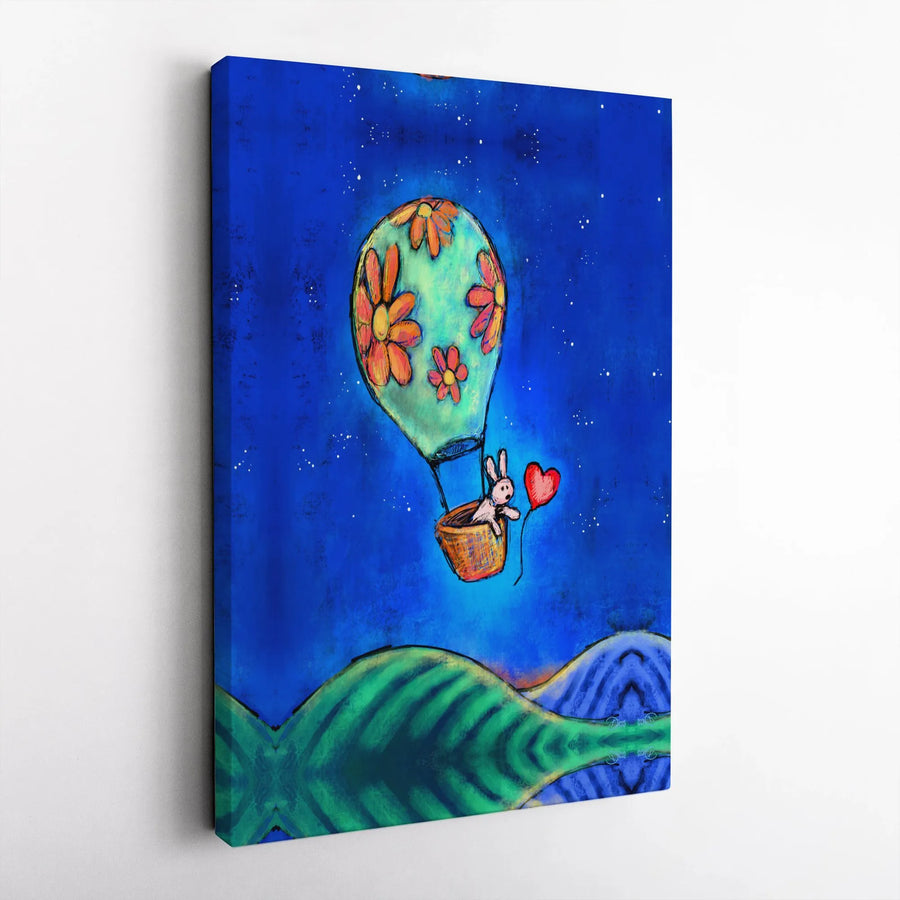 Whimsical Rabbit Canvas Wall Art | Flower Hot Air Balloon Print | Gallery-Quality 1.25-Inch Profile | Charming Nursery or Kid’s Room Decor Gift