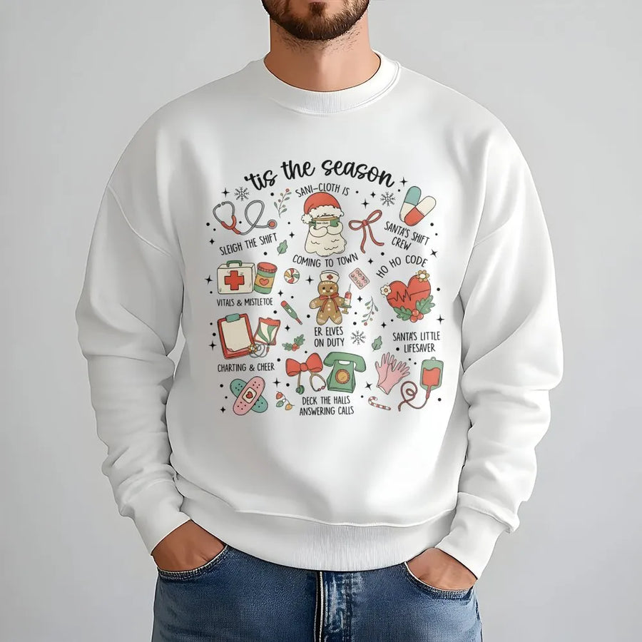 Nurse Christmas Sweatshirt | Funny Medical Holiday Doodle Design | Soft Cotton Blend Crewneck | Festive Healthcare Worker Gift For Nurses