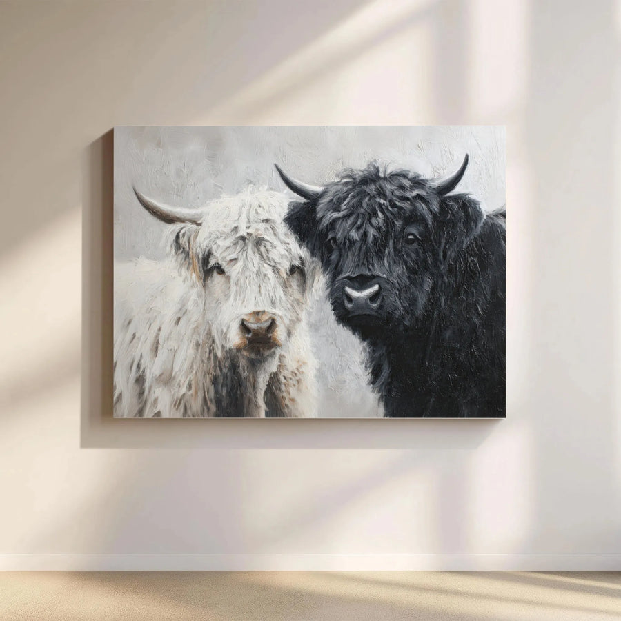 Highland Cow Canvas Wall Art | Black and White Cow Painting Print | Premium Gallery Wrap Canvas | Rustic Farmhouse Wall Decor Gift