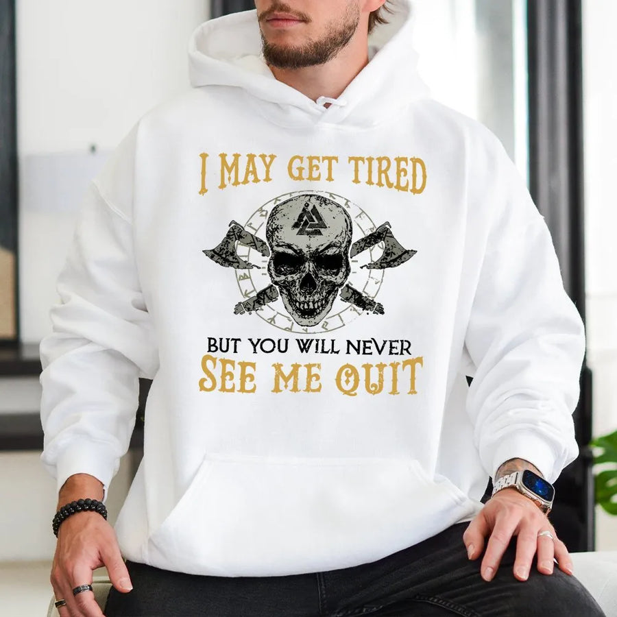 Viking Skull Hoodie | I May Get Tired But Never Quit Graphic | Premium Cotton Blend Pullover | Motivational Gym & Streetwear Gift for Men