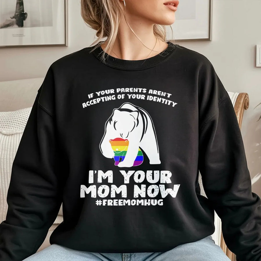 Free Mom Hugs Sweatshirt | Rainbow Pride Mama Bear Design | Cotton Blend Cozy Crewneck | LGBTQ Support Gift for Pride Month