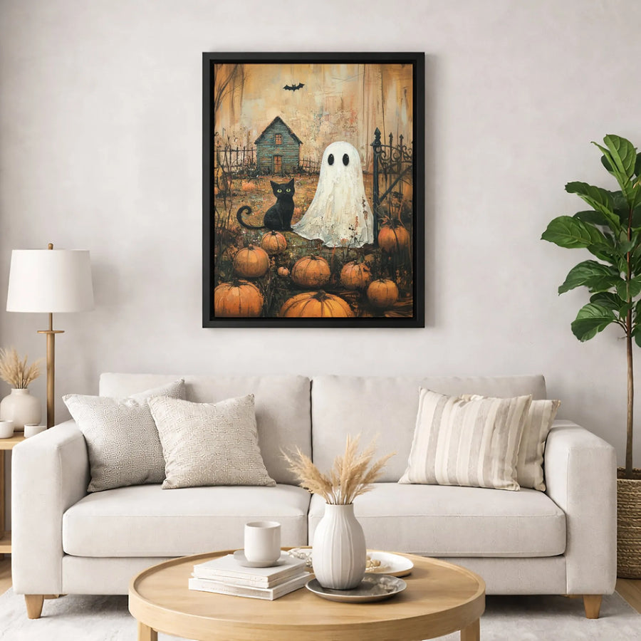 Halloween Ghost And Black Cat Canvas | Spooky Pumpkin Patch Wall Art | Premium Fade-Resistant Print | Festive Home Decor Gift