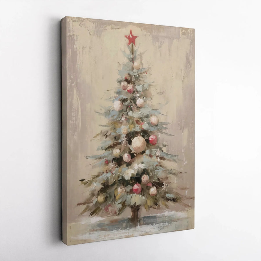 Christmas Tree Canvas Wall Art | Painterly Holiday Tree With Red Star | 1.25-Inch Gallery Wrap Print | Festive Neutral Home Decor Gift