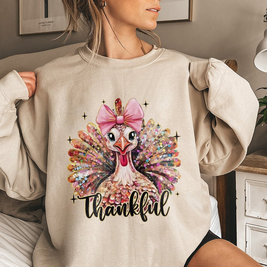 Thankful Turkey Sweatshirt | Coquette Aesthetic with Pink Bow | Premium Cotton Blend | Cute Thanksgiving Gift for Women and Girls