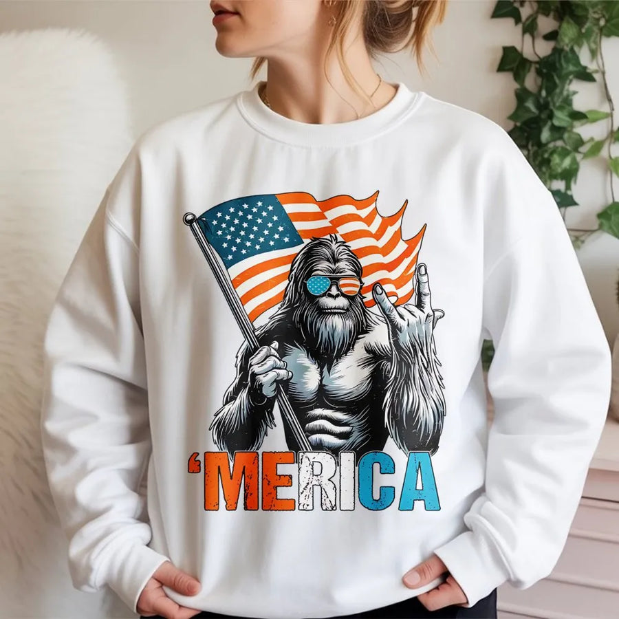 Bigfoot American Flag Sweatshirt | Patriotic Merica Sasquatch Graphic | Soft Cotton-Blend Pullover | Funny Fourth of July Gift for Men and Women