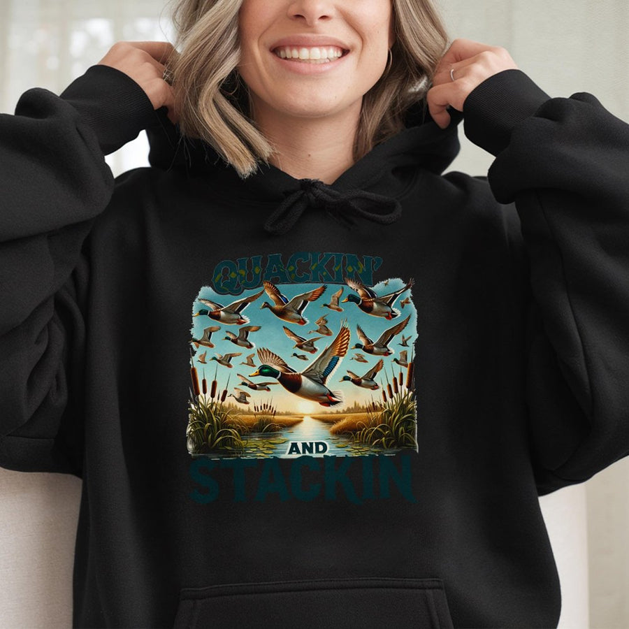 Quackin And Stackin Duck Hunting Hoodie | Retro Mallard Flock Graphic | Premium Cotton Blend | Gift For Hunters And Waterfowl Enthusiasts