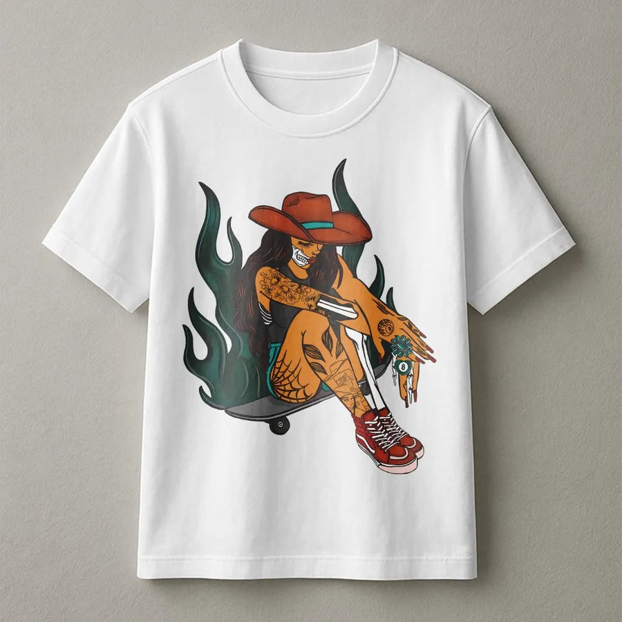Western Goth T-Shirt | Tattooed Cowgirl on Skateboard Graphic | Premium Cotton-Blend Sweatshirt | Keep on Rollin' Alt Streetwear Gift