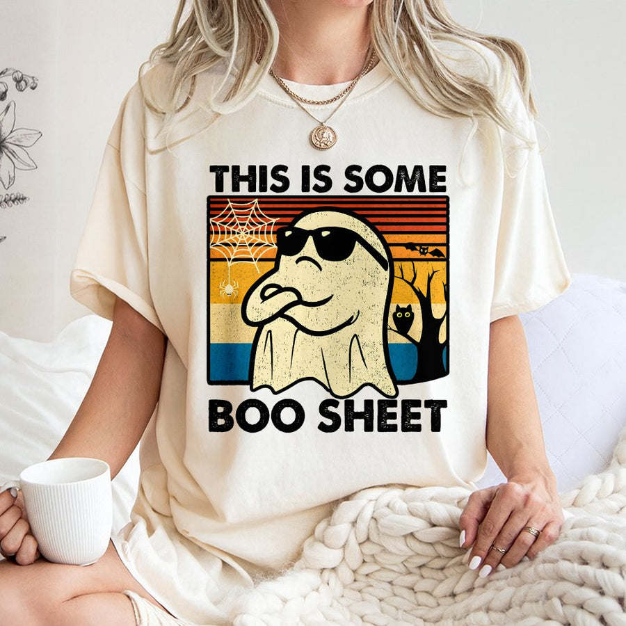 This Is Some Boo Sheet T-Shirt | Retro Ghost Graphic Halloween Tee | 100% Cotton Premium Quality | Funny Spooky Season Gift For Him And Her
