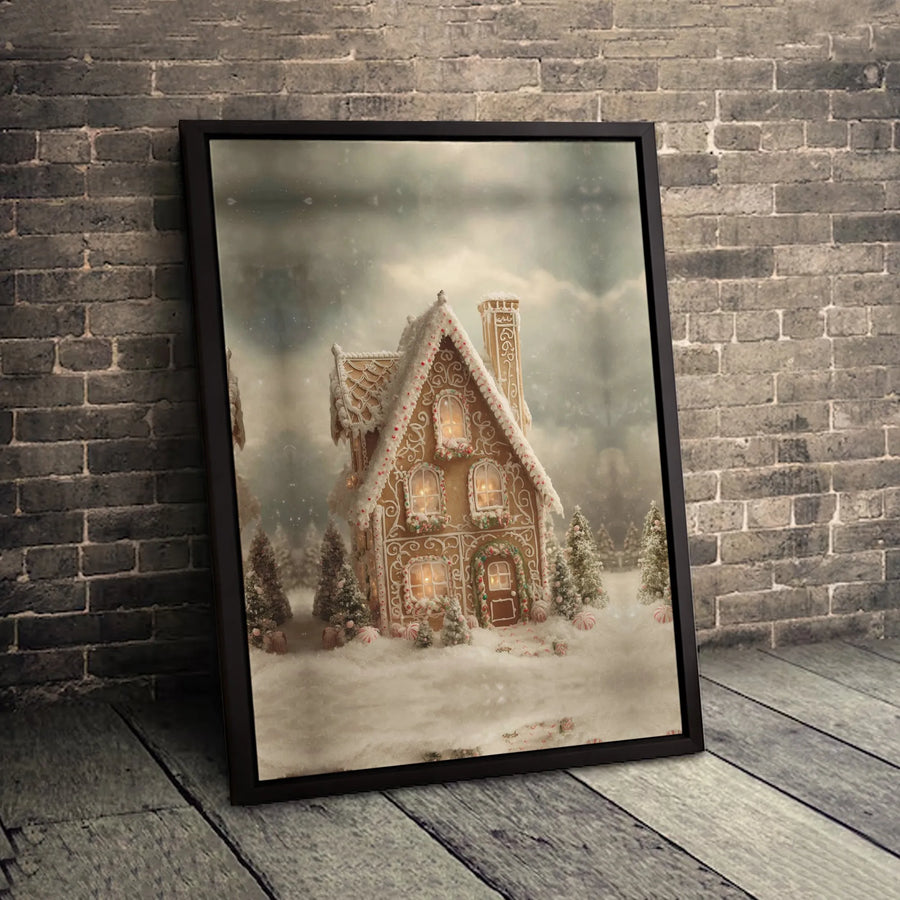 Gingerbread House Christmas Canvas Wall Art | Snowy Winter Cabin Scene | Gallery Quality Fade-Resistant Print | Festive Holiday Home Decor