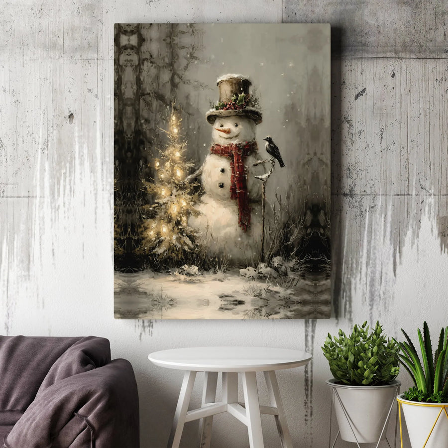 Vintage Snowman Wall Art | Whimsical Christmas Tree Canvas Print | Premium Fade-Resistant Decor | Holiday Home Gift For Winter Enthusiasts