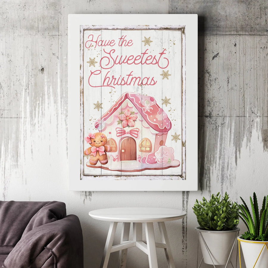 Pink Gingerbread House Canvas Print | Sweetest Christmas Holiday Wall Art | Premium Fade-Resistant Gallery Wrap | Festive Decor For Kids Room