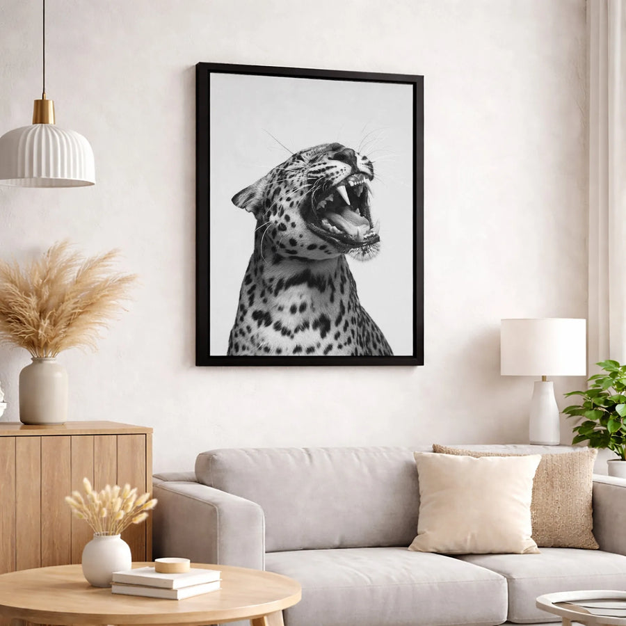 Roaring Leopard Wall Art | Black and White Wildlife Photography | Premium Gallery-Wrapped Canvas | Modern Minimalist Home Decor Gift