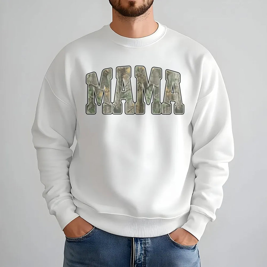 Mama Camo Sweatshirt | Hunting Style Woodland Pattern Text | Premium Cotton Blend Crewneck | Outdoorsy Mom Gift