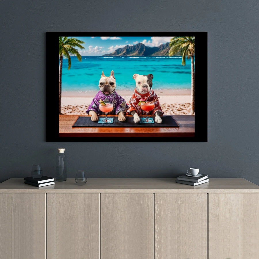 French Bulldog And Boston Terrier Canvas | Tropical Beach Bar Cocktail Art | 1.25-Inch Gallery Wrap | Funny Dog Lover Home Decor Gift