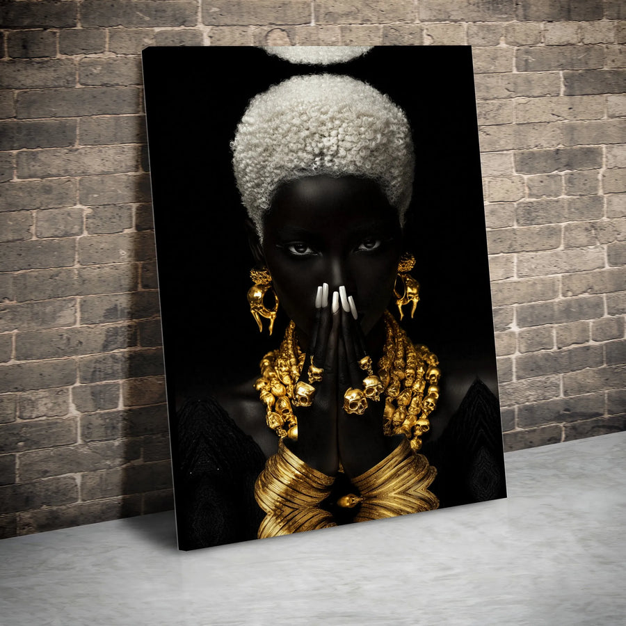 Black Queen Canvas Wall Art | Gold Skull Jewelry Portrait | Premium Gallery Wrapped Canvas | Collector's Afrocentric Home Decor Gift
