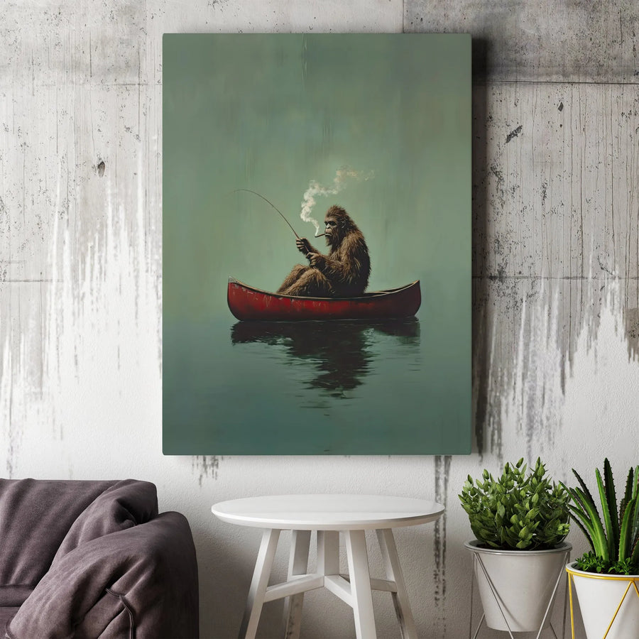 Bigfoot Fishing In Canoe Canvas Wall Art | Smoking Sasquatch Cabin Decor | Premium Gallery Wrapped Print | Unique Outdoorsman Gift For Men