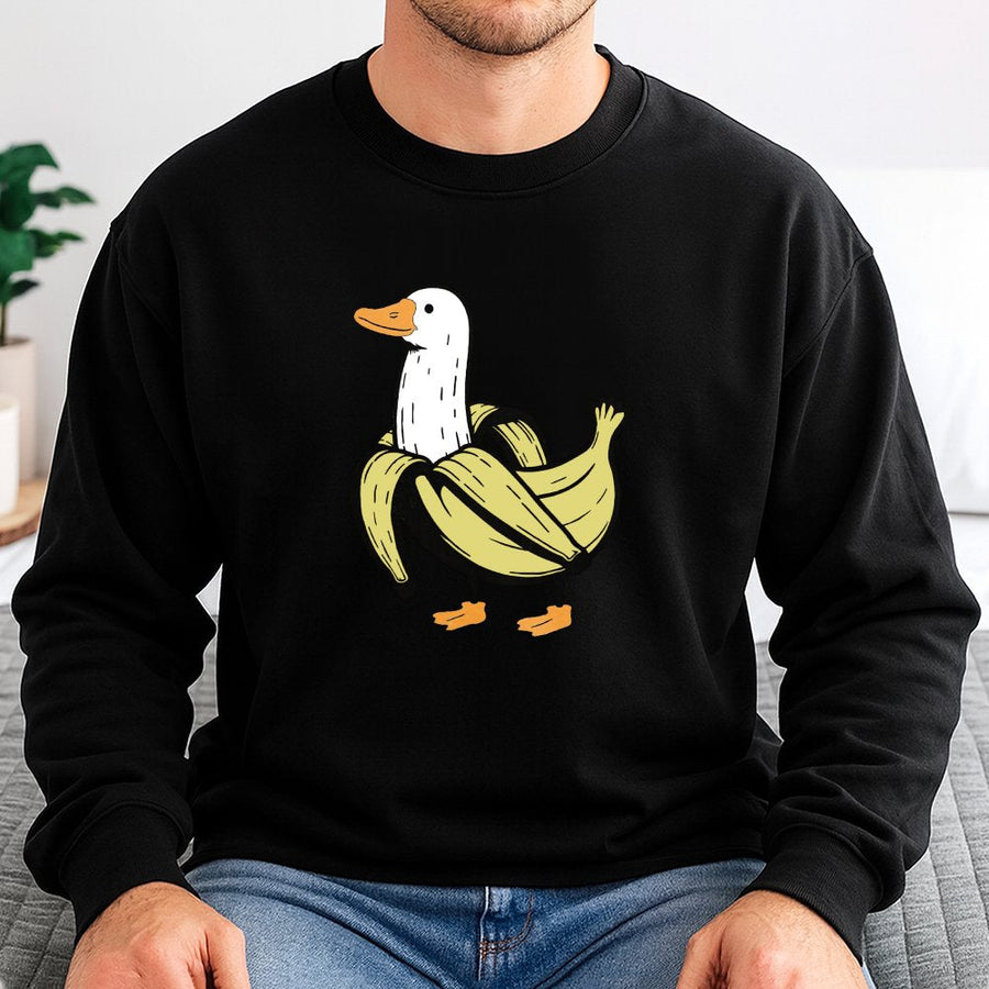 Banana Duck Sweatshirt | Cute Animal Graphic Print | Premium Cotton Blend | Funny Fruit Bird Gift for Him and Her