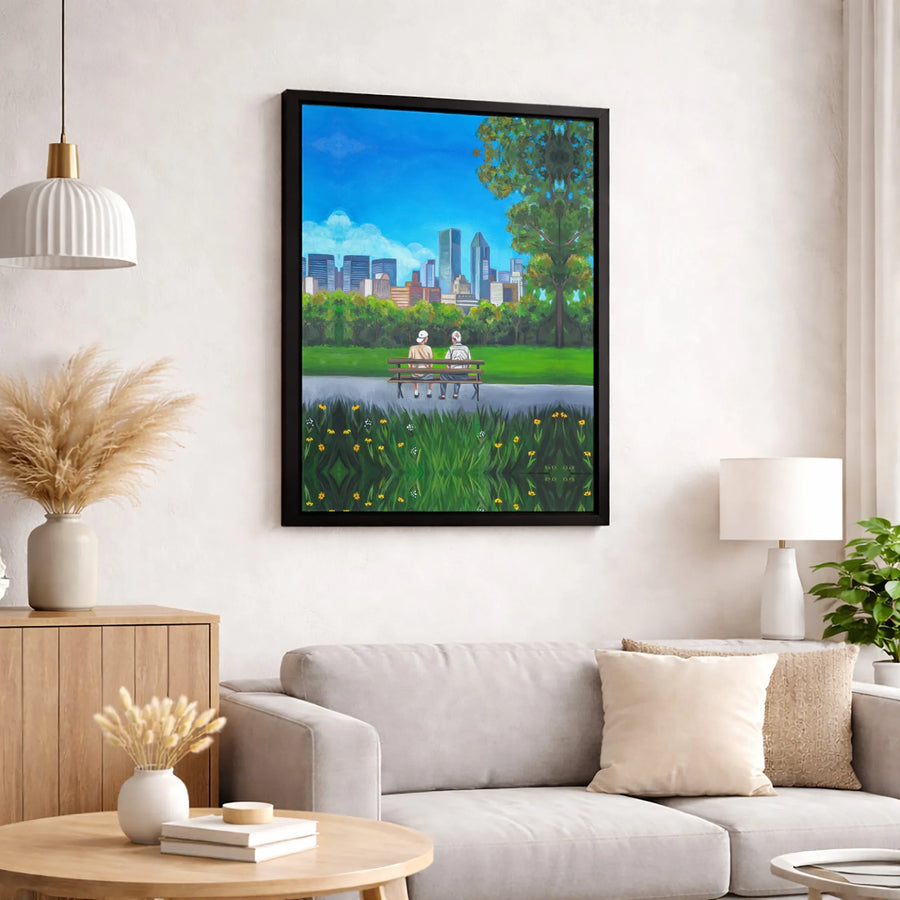 Elderly Couple Park Bench Canvas Print | Urban City Skyline Wall Art | Premium 1.25 Inch Gallery Wrap | Sentimental Gift for Grandparents