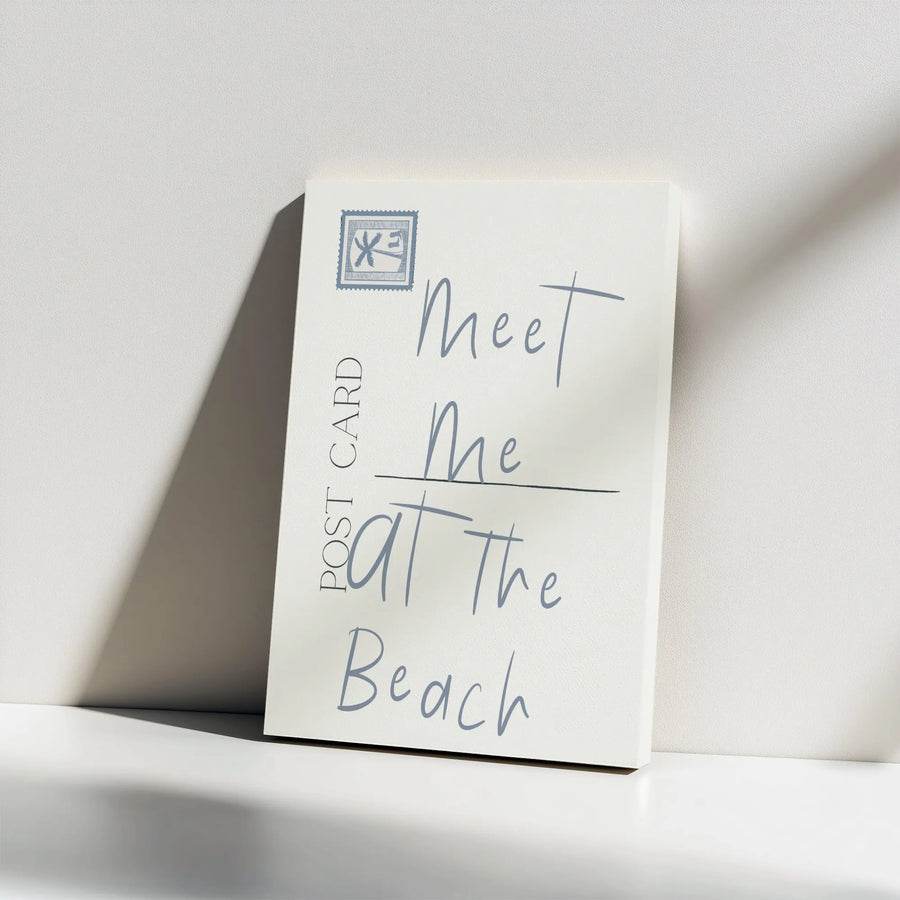 Meet Me At The Beach Canvas Wall Art | Minimalist Postcard Quote Print | Premium Frameless Gallery Canvas | Coastal Home Decor Gift