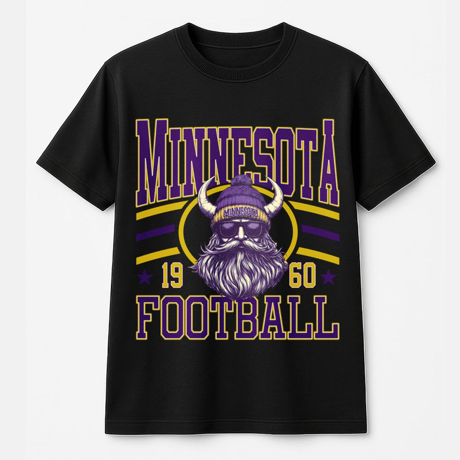 Minnesota ★ 19 60 ★ Football Featuring A Viking Mascot With A Long Beard Wearing A Purple Horned Beanie And Sunglasses T-Shirt