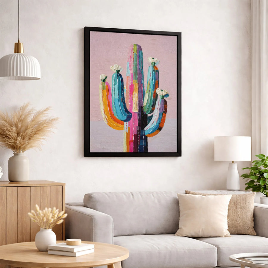 Abstract Saguaro Cactus Canvas Wall Art | Colorful Southwestern Desert Painting | Premium Gallery Wrap Print | Modern Boho Home Decor Gift