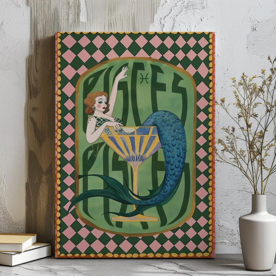 Pisces Zodiac Wall Art | Art Deco Mermaid Cocktail Print | Premium Gallery Wrap Canvas | Unique Astrology Gift for Her