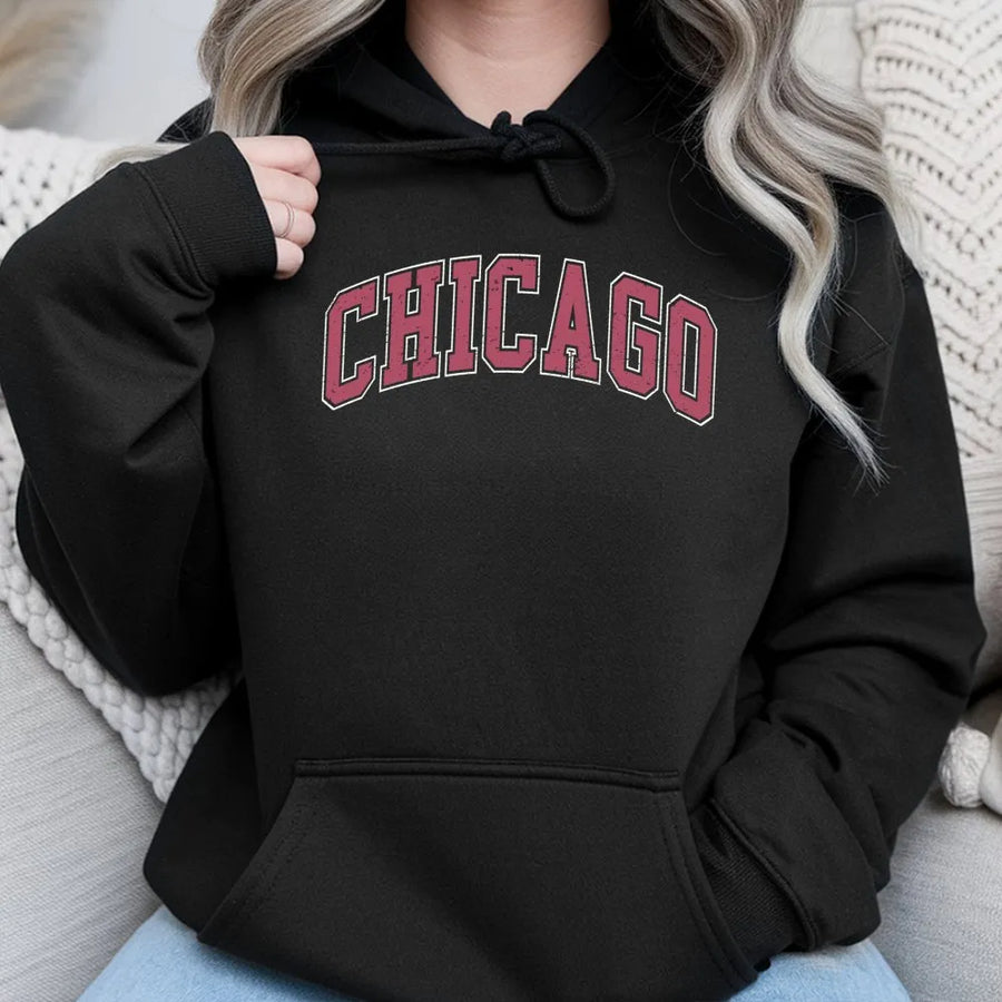 Chicago Hoodie | Retro Collegiate Varsity Graphic | Premium Cotton Blend Unisex Pullover | Windy City Souvenir Gift for Men and Women