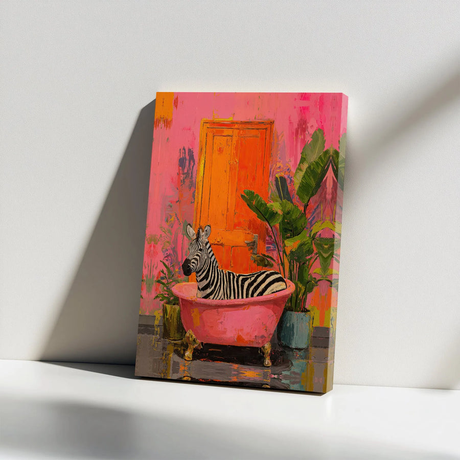 Surreal Zebra Canvas Print | Colorful Animal in Pink Tub Art | Premium Gallery Wrapped Canvas | Eclectic Bathroom Wall Decor Gift