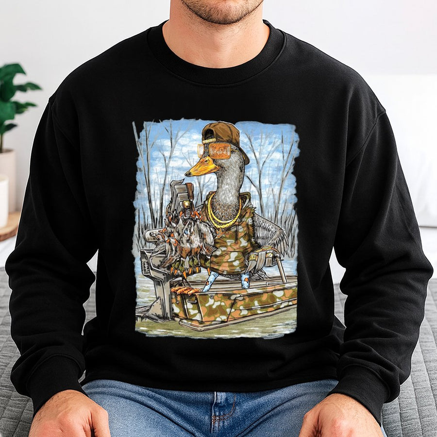 Duck Hunting Sweatshirt | Funny Tactical Mallard Cartoon Design | Soft Cotton-Poly Blend | Premium Gift for Waterfowl Hunters and Outdoorsmen