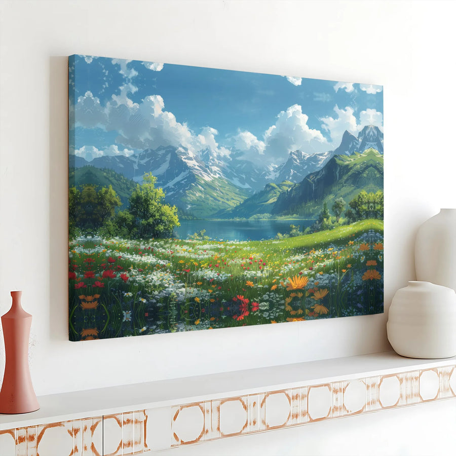 Mountain Lake Canvas Wall Art | Anime Style Wildflower Meadow Landscape | Premium Gallery Wrap 1.25" Depth | Nature Lover Home Decor Gift