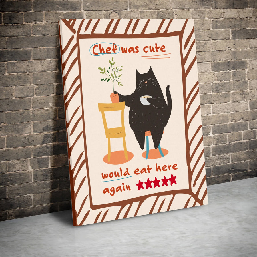 Black Cat Kitchen Wall Art | Chef Was Cute Would Eat Here Again Print | Premium Gallery Wrapped Canvas | Funny Cat Lover Home Decor Gift