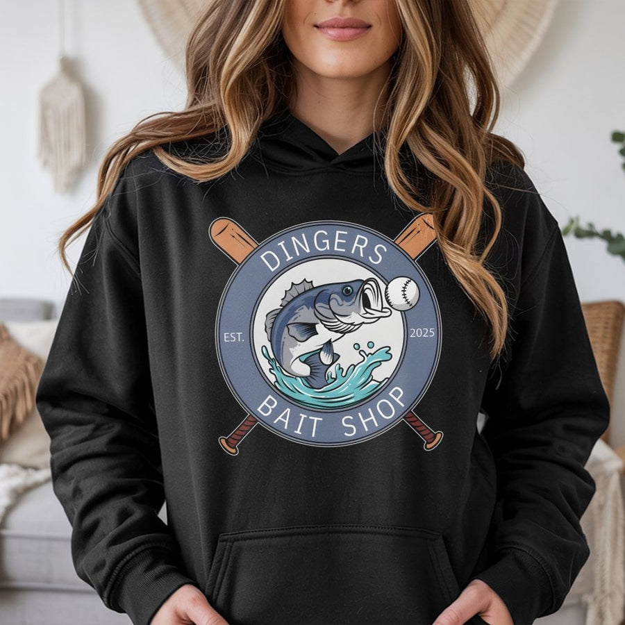 Dinger Bait Shop Hoodie | Funny Fishing Baseball Graphic | Premium Cotton Blend | Gift For Fishermen And Baseball Fans