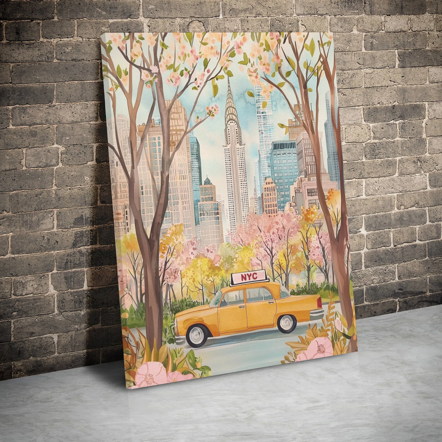 NYC Canvas Wall Art | Watercolor Chrysler Building & Yellow Taxi | Premium Gallery Wrap Print | New York City Home Office Decor Gift