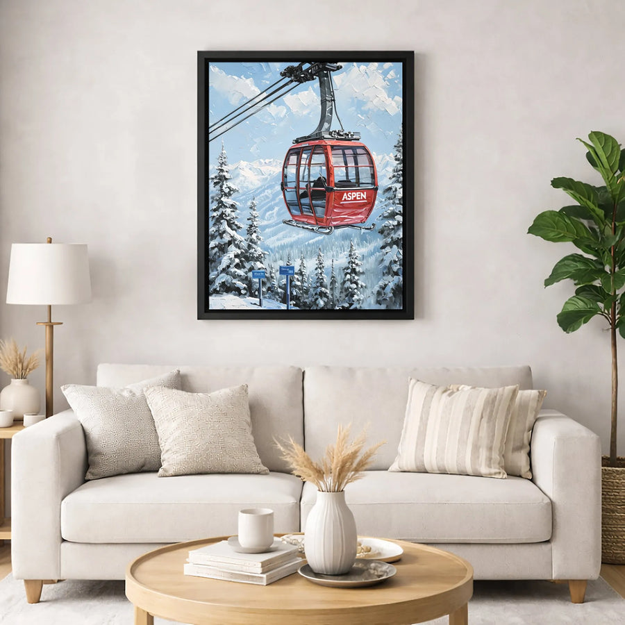 Aspen Ski Gondola Wall Art | Snowy Mountain Landscape Painting | Premium 1.25 Inch Gallery Canvas | Winter Sports Home Decor Gift