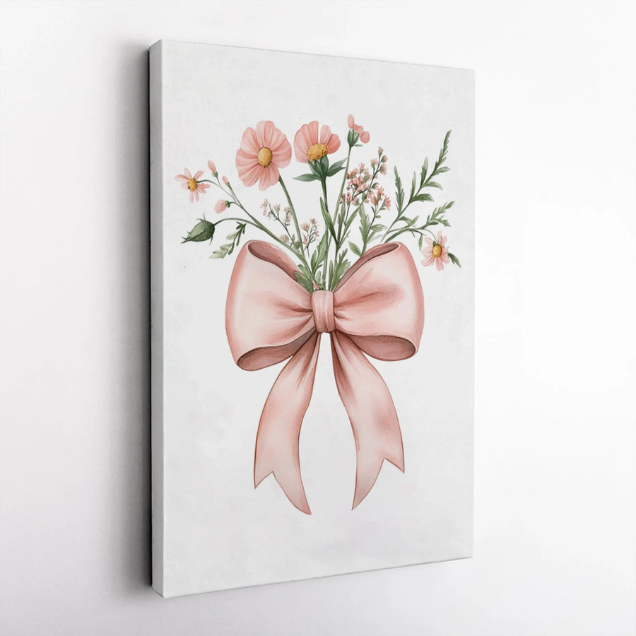 Pink Flower Bouquet Wall Art | Watercolor Floral Print with Ribbon Bow | Premium Gallery Wrapped Canvas | Elegant Home Decor for Bedroom or Nursery