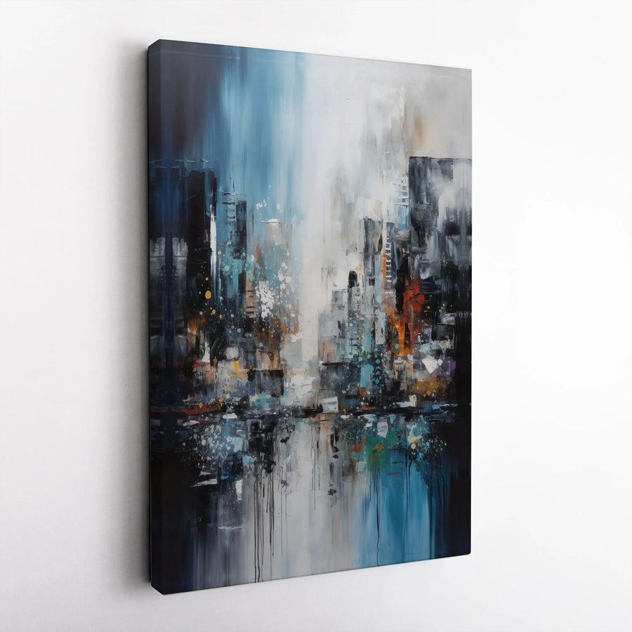 Abstract Cityscape Canvas Wall Art | Rainy Night Urban Skyline Painting | Premium Gallery-Wrapped Canvas | Modern Office & Living Room Decor Gift