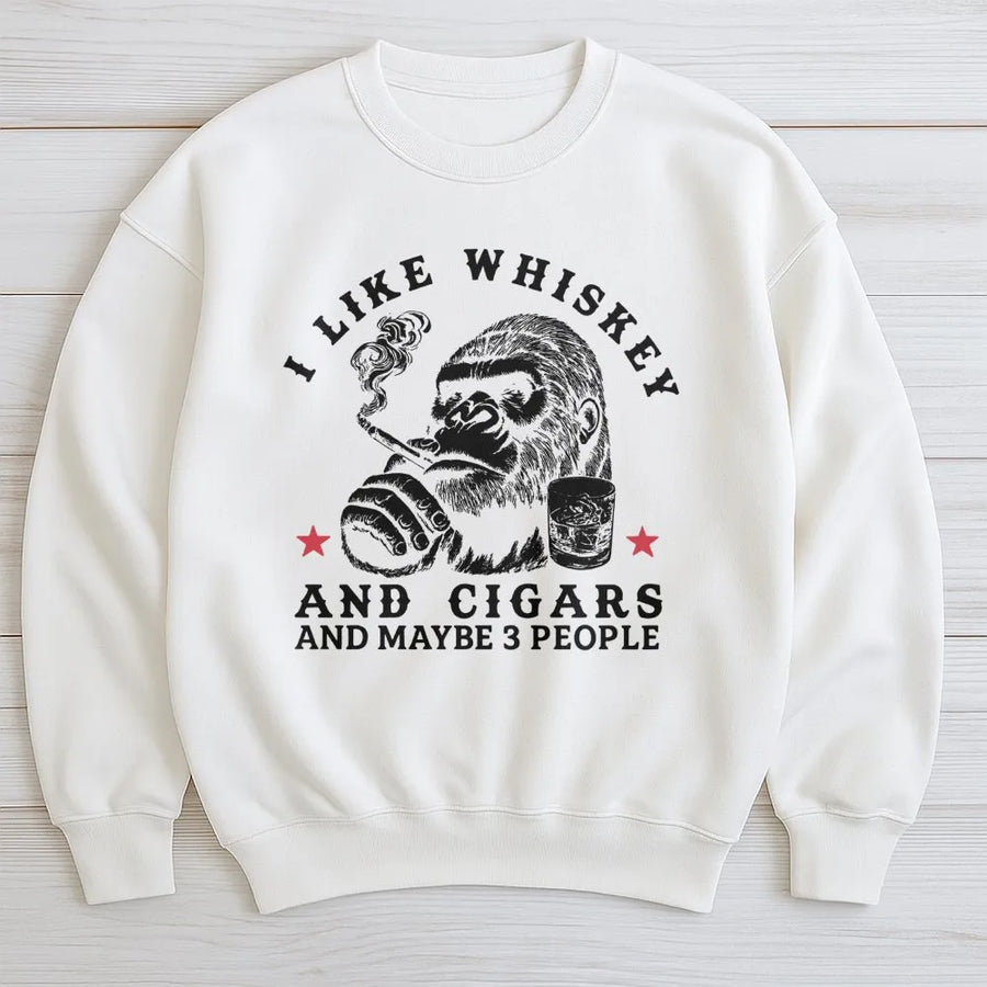 Funny Gorilla Sweatshirt | Whiskey And Cigars Graphic | Premium Cotton Blend Crewneck | Gift For Men Who Like Drinking And Being Alone