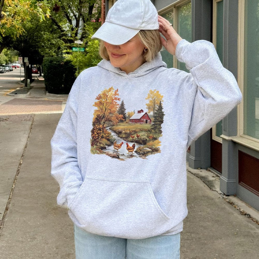 Farmhouse Chicken Hoodie | Rustic Red Barn Creek Fall Landscape Graphic | Premium Cotton Blend | Gift for Chicken Farmer & Homestead Enthusiast