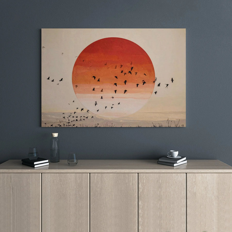 Japanese Red Sun Canvas Wall Art | Minimalist Bird Flock Landscape | Premium Gallery Wrap Print | Modern Living Room Home Decor