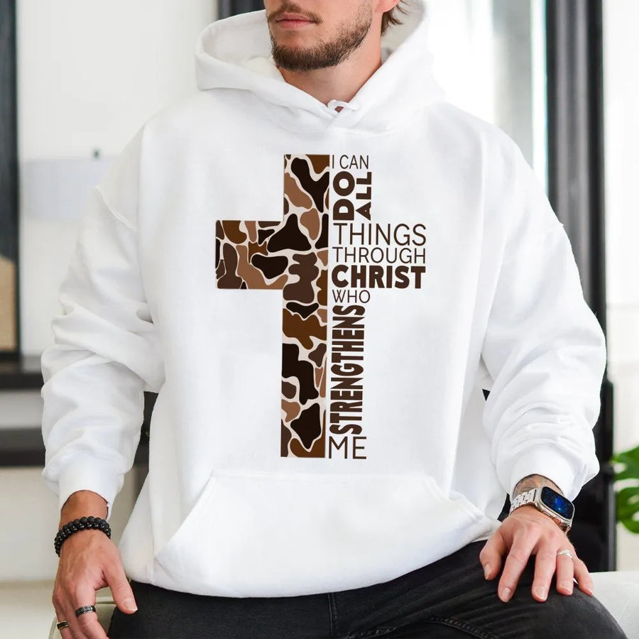 Camo Cross Hoodie | I Can Do All Things Through Christ Verse | Premium Cotton Blend | Christian Faith Gift For Men And Women