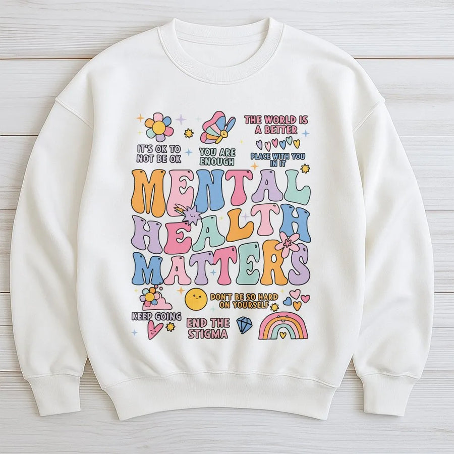 Mental Health Matters Sweatshirt | Retro Groovy Inspirational Graphic | Premium Soft Cotton Blend | Inspirational Gift for Women and Men