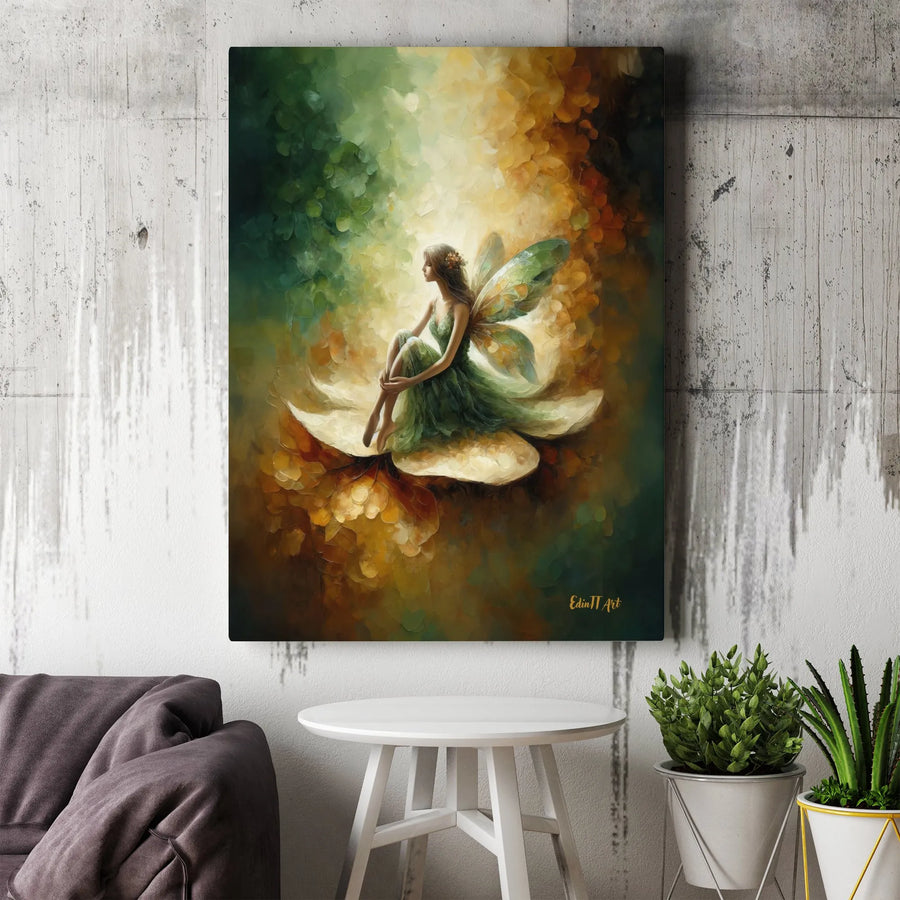 Ethereal Fairy Wall Art | Whimsical Green Forest Sprite on Glowing Flower | Premium Gallery-Wrapped Canvas | Magical Fantasy Home Decor Gift