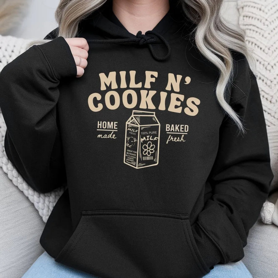Milf N Cookies Graphic Hoodie | Funny Milk Carton Design | Premium Cotton Blend | Sassy Gift for Mom or Best Friend