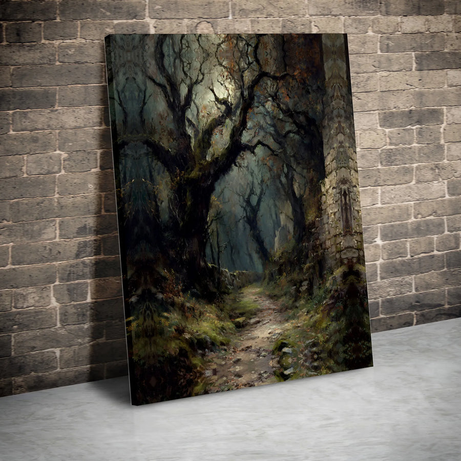 Dark Forest Canvas Wall Art | Vintage Moody Woodland Path Painting | Premium Canvas Print | Dark Academia Gothic Home Decor